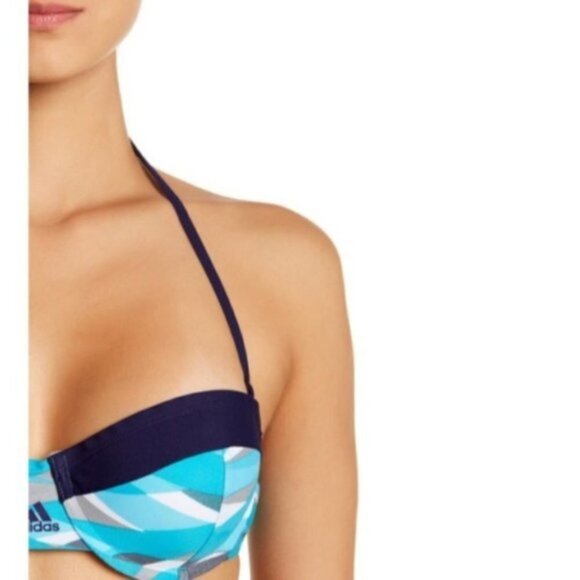 Adidas Logo Womens Blue Stripe Bandeau Bikini Top Bathing Suit Swimwear Sz L New - Picture 2 of 8